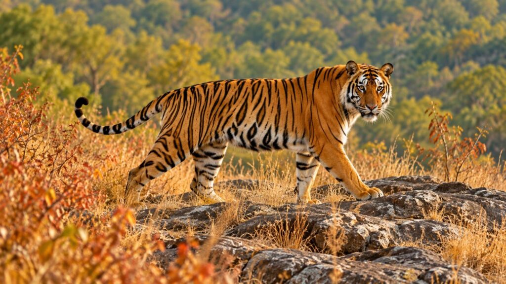 Bengal tiger walking on rocks in Bandhavgarh National Park